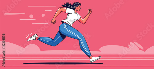 A woman running with motion lines suggesting speed. She wears athletic wear. The background is pink with stylized clouds.