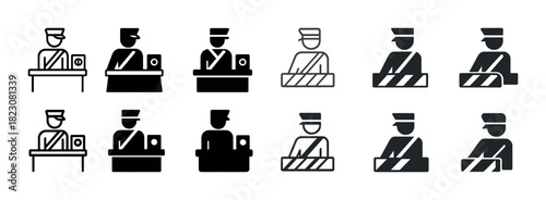 Border control icons: passport inspection and security check graphics in various styles