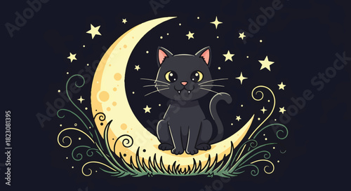 A cute cartoon black cat sits on a crescent moon surrounded by stars and stylized plants against a dark background. Whimsical & charming.