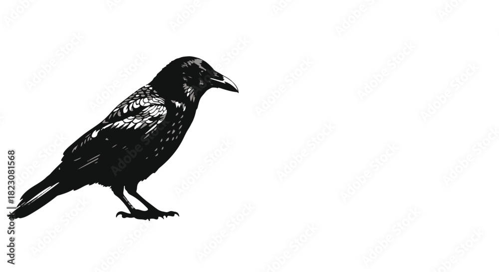 Naklejka premium A black and white illustration of a raven standing. The raven is detailed with visible feather texture. It faces right, against a stark white background.
