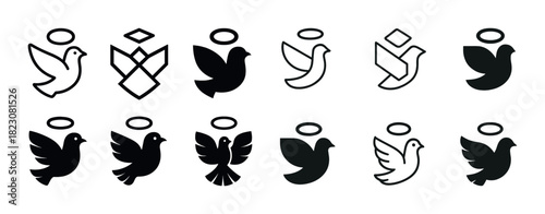 Set of abstract angel bird icons in black and white with halos