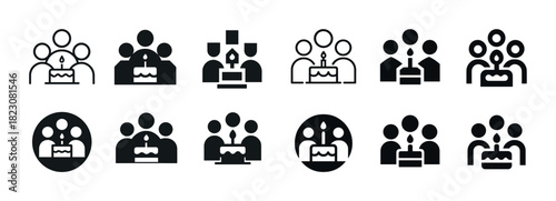 Black and white cake icons set featuring group celebrations