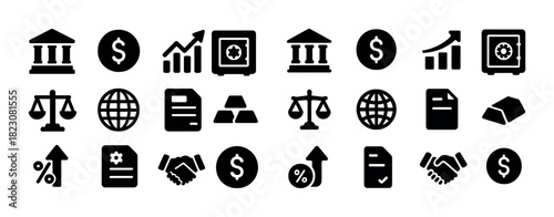 Financial icons: banking, investments, global economy, legal balance, cryptocurrency