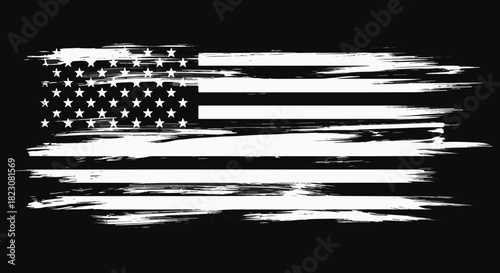 Stylized American flag, rendered in white against a black background. The flag has a distressed, brushstroke effect, giving it a grunge or vintage appearance.