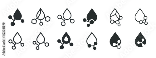 Molecule icons collection: chemistry symbols with water droplets