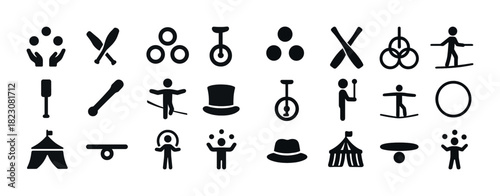 Circus performance icons set: juggling, unicycle, tightrope, and more