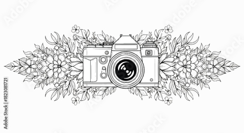 Monochrome vintage camera illustration. Intricate floral embellishments flank the camera on both sides, creating a decorative, symmetrical design.