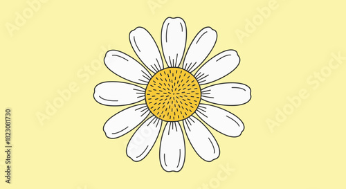 Simple illustration of a daisy with white petals and a yellow center, outlined in black, on a light yellow background. Minimalistic design.