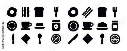 Silhouette icons of breakfast utensils and foods in black and white
