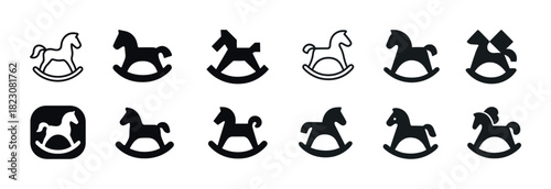 Collection of different rocking horse icons in various styles