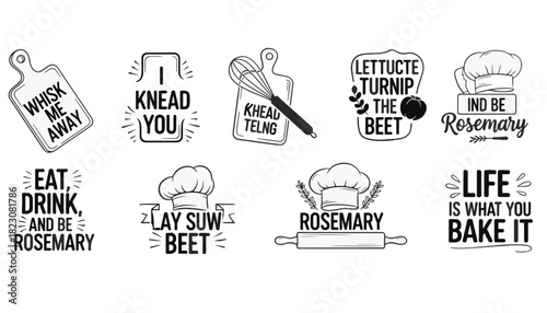 Set of black and white whimsical kitchen-themed graphics with puns and humorous food-related sayings. Includes cutting boards, whisks, chef hats, and produce.