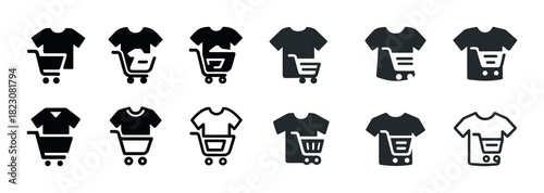 Black and white shopping cart and shirt icons set