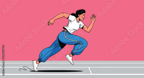 A woman sprints forward on a track. The illustration has bold lines, a pink background, and features the woman in a white shirt and blue track pants.