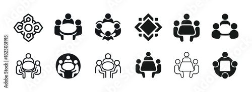Set of group meeting icons: diverse teamwork symbols and collaborative designs