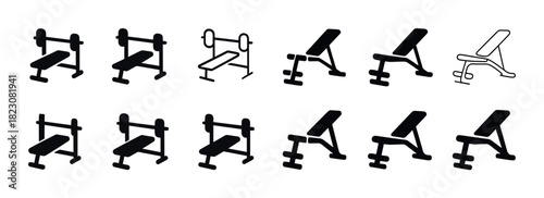 Collection of bench and seat silhouettes for gym and fitness equipment
