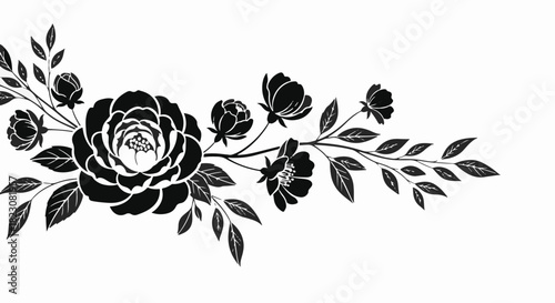 Black and white floral design. A large peony-like flower anchors the arrangement with smaller buds and leaves branching out from it. Elegant and decorative.