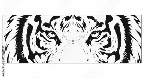 Striking black and white illustration featuring the intense gaze of a tiger's face, cropped to focus primarily on its eyes and distinctive markings.