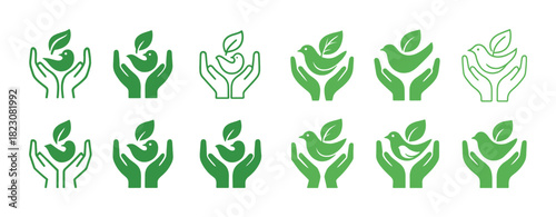 Green leaf and bird icons in hands symbolizing nature and care