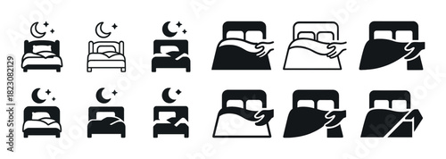 Set of bed and sleep icons featuring moons and stars in various styles