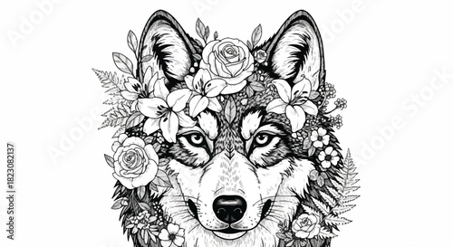 A black and white illustration of a wolf's head adorned with an array of flowers, including roses and lilies. Perfect for coloring or use as a graphic element.