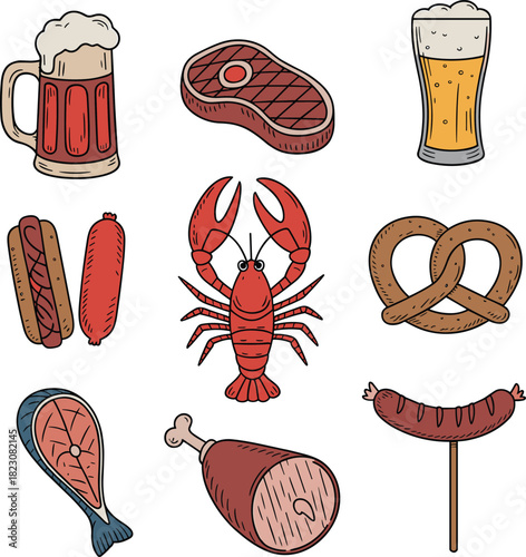 Featuring Beer Mugs, Steak, Lobster, Hot Dog, Sausage, Salmon, and Pretzel for Restaurant Menu, Oktoberfest, and Hearty Meal Concepts