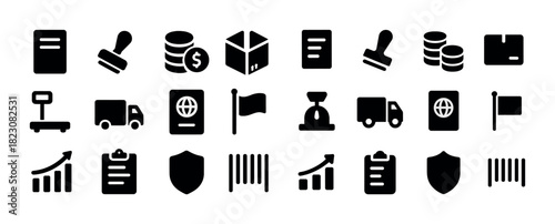 Flat icons set: delivery, finance, security, and trade symbols in black and white
