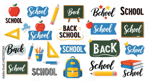 A collection of colorful back-to-school themed graphics, including apples, pencils, rulers, backpacks, books, chalkboards, and School and Back lettering.