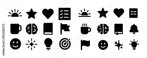 Assorted black icons: heart, brain, cup, flag, bell, star, sunrise, smile, book, checklist