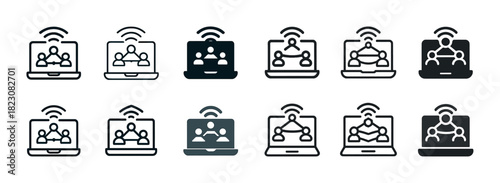 Icon set: laptop with network symbols for online communication