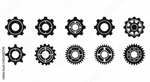 Set of ten black gear icons in different designs, isolated on a white background. Represents mechanical, engineering, or settings concepts.