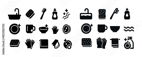 Kitchen cleaning icons: sink, soap, scrubber, dish, towel, gloves
