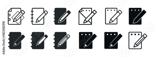 Set of notebook and pencil icons in black and white line and solid styles