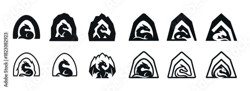 Set of dragon silhouettes and logos in various styles