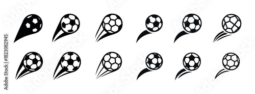 Set of black and white soccer ball motion icons for sports design
