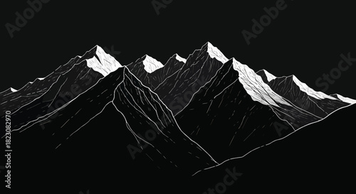Monochrome illustration featuring a range of sharply defined, snow-capped mountain peaks against a dark sky. A minimalist and dramatic landscape depiction.