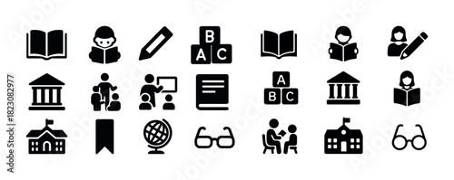 Education icons: books, students, school, globe, learning, glasses, symbols, education system