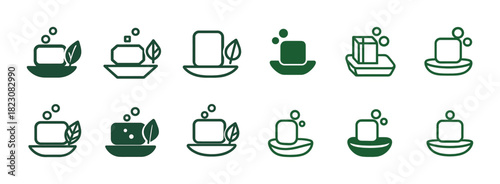 Various icon designs of eco-friendly soap with bubbles and leaves