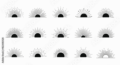 A collection of fifteen similar, semi-circular sunburst designs in black and white, resembling stylized sunrises or sunsets. Minimalist and geometric style.