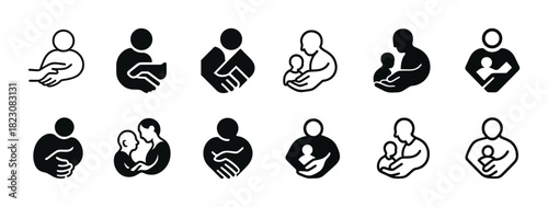 Set of parent and child icon silhouettes in various styles