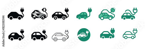 Electric car charging plug icons illustration in various styles
