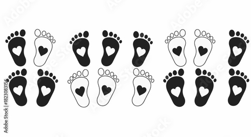 Row of baby footprints, some solid black, some outlined, all with a heart in the center. Represents love, birth, baby, or new life.