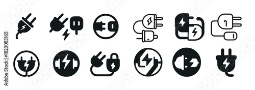 Set of electric plug and socket icons featuring various connection designs