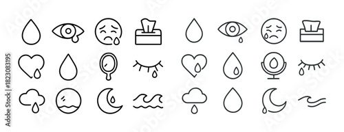 Set of emotional and weather icons: tears, eyes, clouds, heart, moon, waves