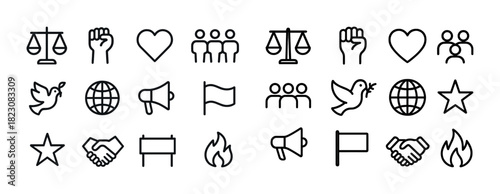 Set of simple line icons featuring symbols of justice, unity, peace, and communication