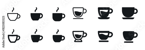 Variety of coffee cup icons with steam in different styles and shapes
