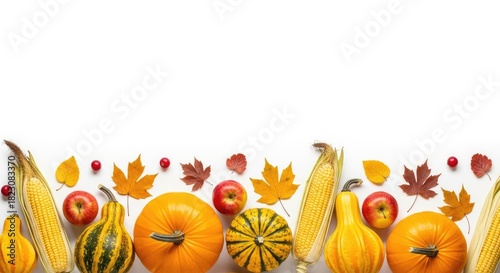 Fototapeta Naklejka Na Ścianę i Meble -  Various autumnal fruits and leaves on a white background.