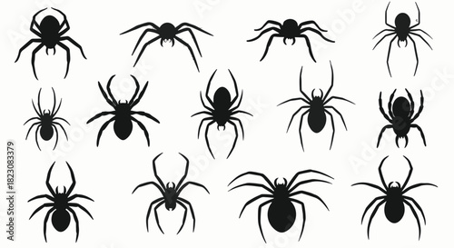 Black spider silhouettes on a light dotted background. The image showcases various spider designs, perfect for Halloween or other creepy themes.