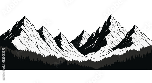 Monochrome mountain range illustration with jagged peaks, a dense forest, and stylized, rough texture. Birds are visible in the sky.