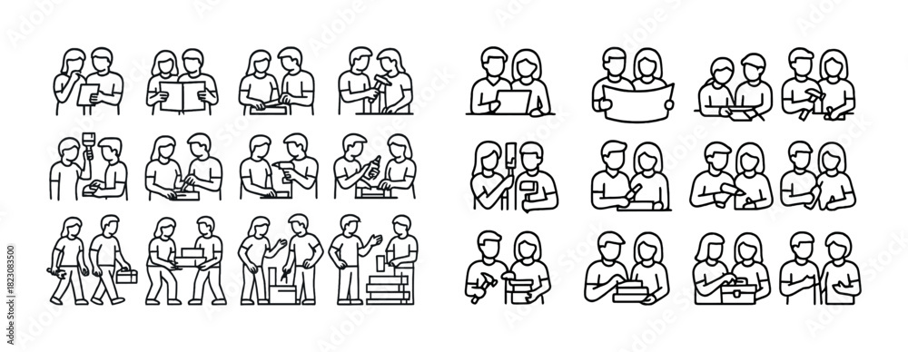 Obraz premium Line art of group collaboration: male and female colleagues in teamwork scenarios