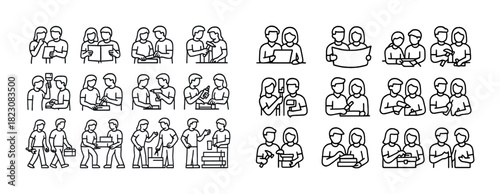 Line art of group collaboration: male and female colleagues in teamwork scenarios
